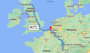 Map of Itinerary: Edinburgh to Thun